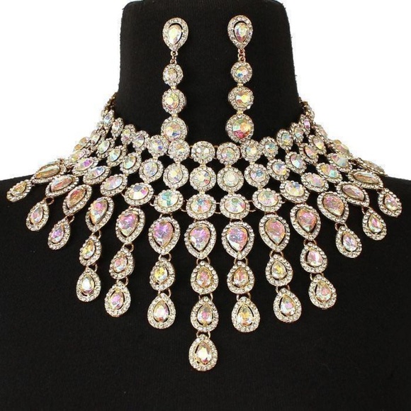 Elegant Gold & Abalone Crystal Choker Necklace Set Waterfall Statement Jewelry - Picture 1 of 1